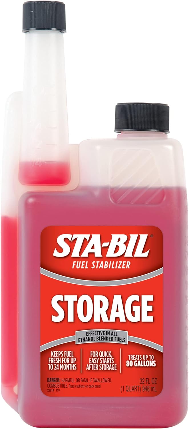 Showcases the product bottle and label to clearly identify the fuel stabilizer for storage purposes.