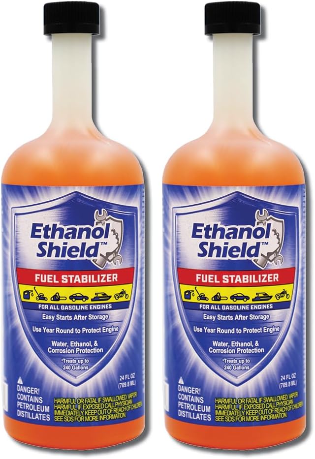 Shows two identical bottles of the product to emphasize quantity or value. Clearly displays the product bottles and labels to inform customers about the fuel stabilizer product.