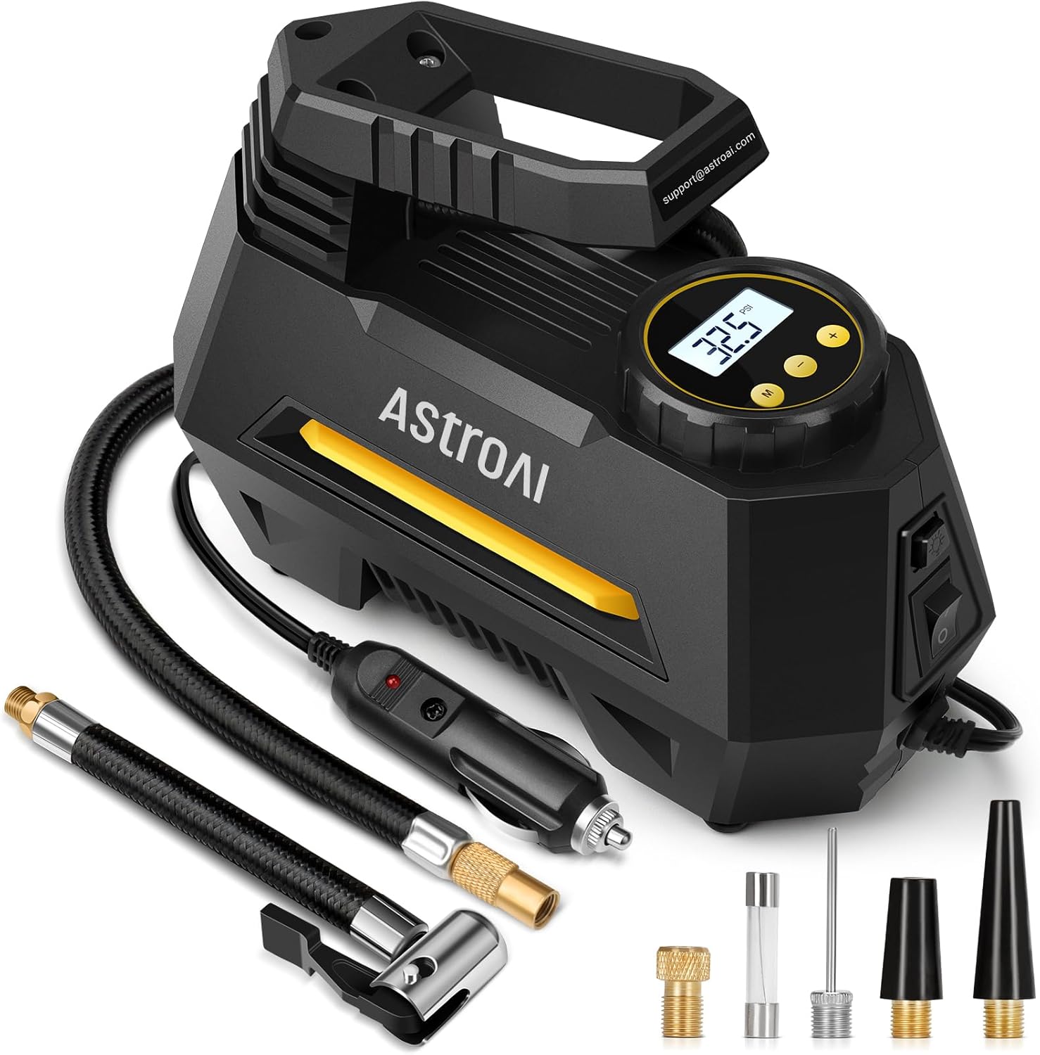 Showcases the main product clearly, highlighting its compact design and digital display for easy use. Displays the air compressor along with its various attachments, showing buyers all items…