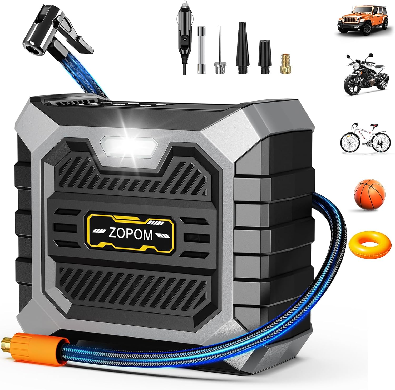 Showcases the main product - a portable air compressor - along with its accessories and potential use cases. Displays the various attachments and accessories included with the air compressor,…