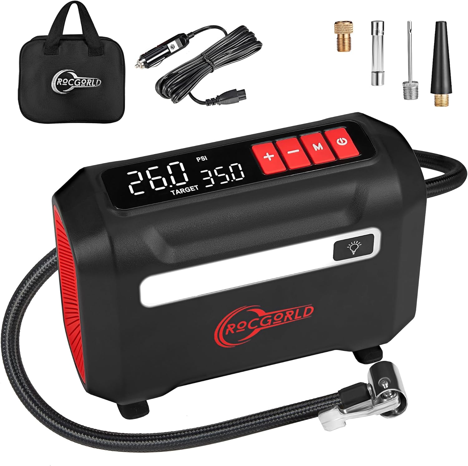 Shows the main product (tire inflator) along with all included accessories to give buyers a clear view of what they'll receive. Displays all components included with the tire inflator, emphasizing…
