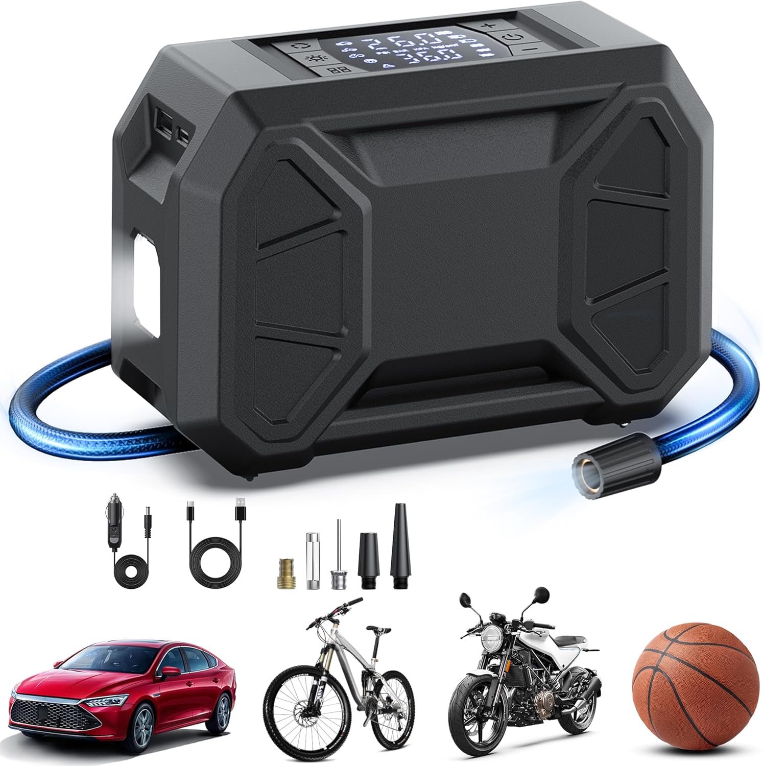 Showcases the main product, a portable air compressor, highlighting its compact and rugged design. Displays the included accessories and attachments, demonstrating the product's versatility for…