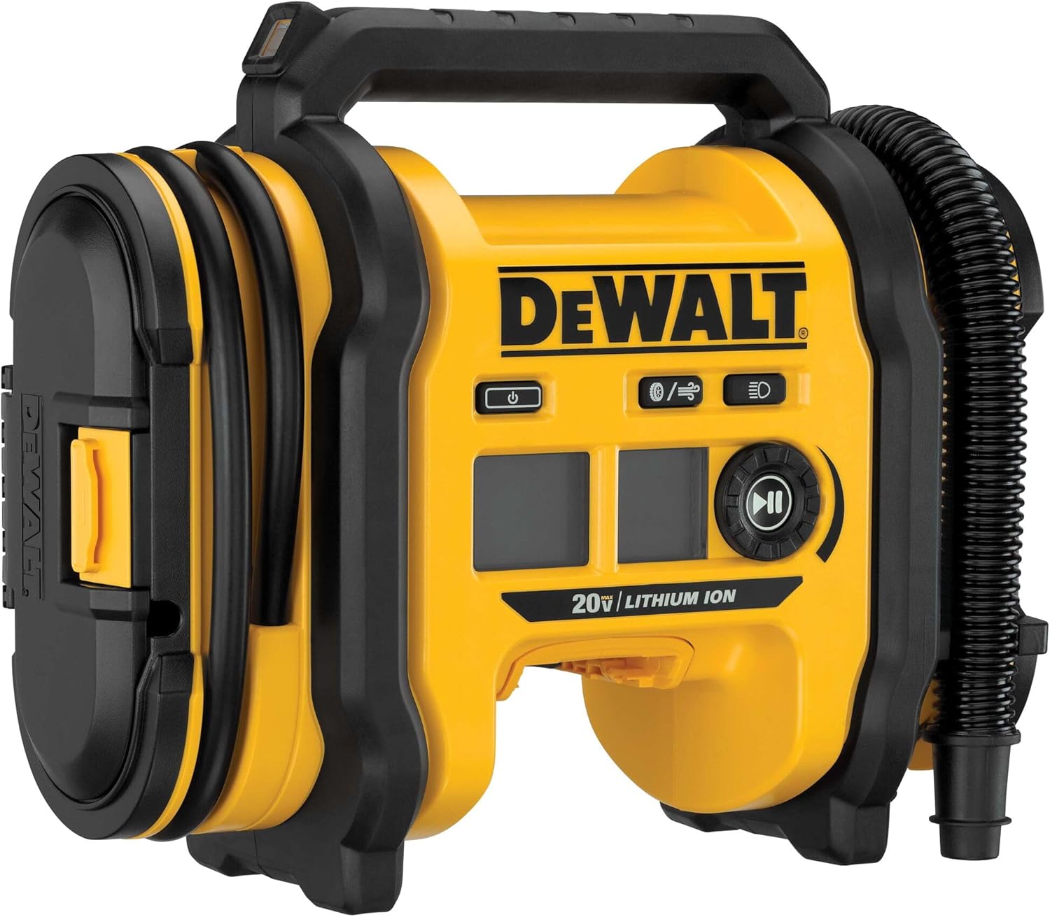 Showcases the DeWalt portable air compressor, highlighting its compact design and key features.