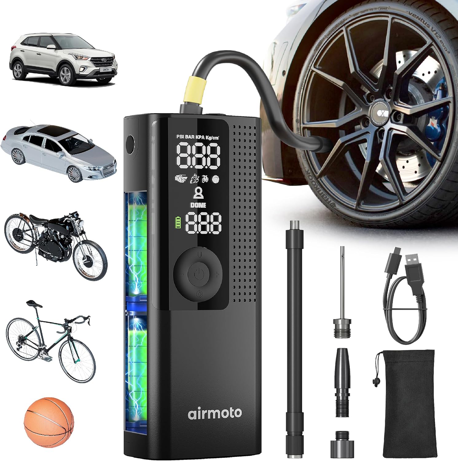 Showcases the main product - a portable air compressor for inflating tires and sports equipment. Displays the air compressor along with its accessories and various vehicles/items it can be used with.