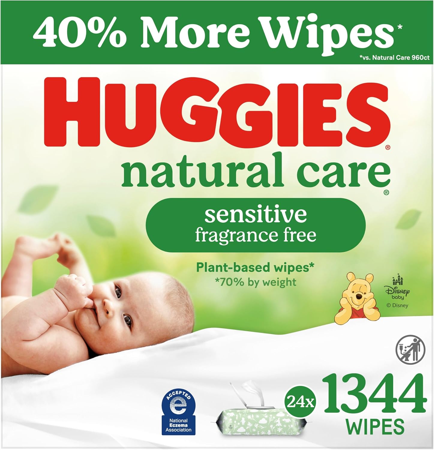 Showcases the product packaging while highlighting key features like sensitivity, fragrance-free formula, and increased quantity of wipes.