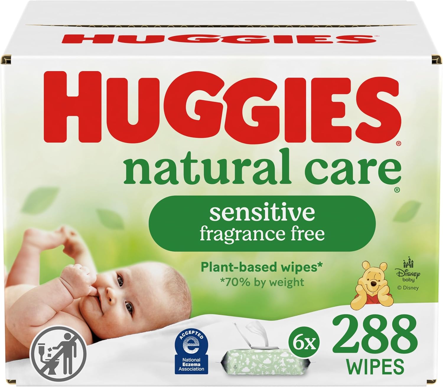 Showcases the product packaging to highlight its natural and sensitive skin-friendly features for babies.