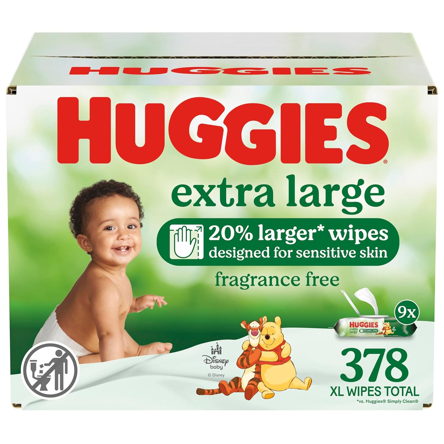 Showcases the product packaging and highlights key features like extra large size and suitability for sensitive skin.