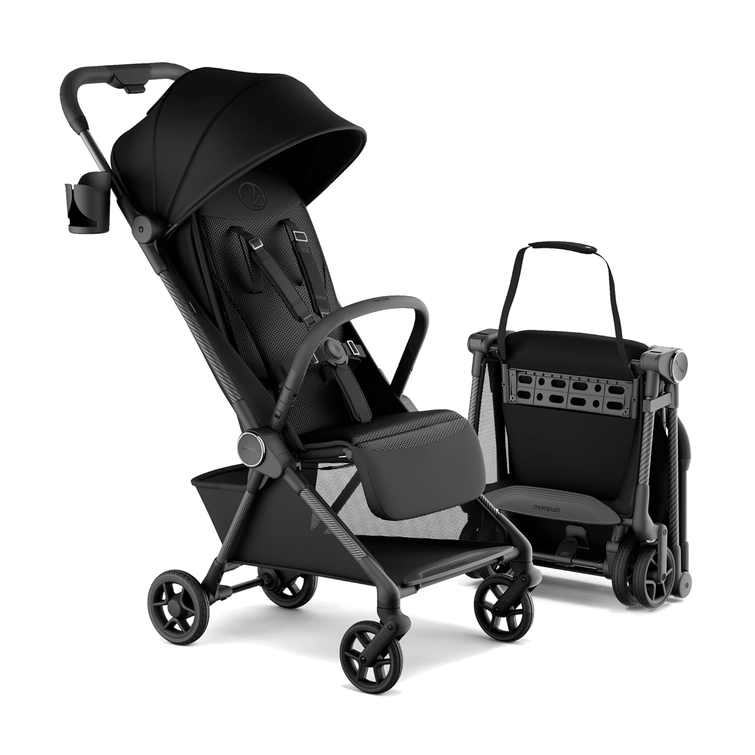 Showcases the sleek, all-black stroller and its compact folding mechanism to highlight portability and ease of use.