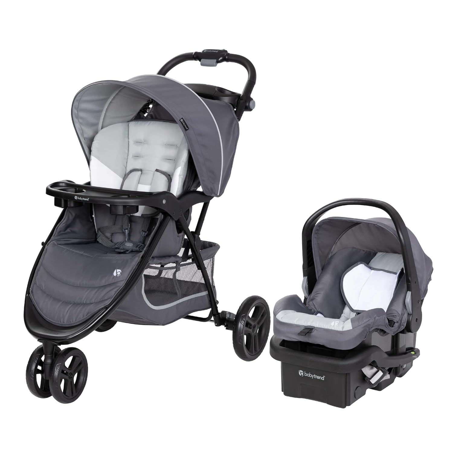 Showcases the complete travel system including stroller and detachable car seat, highlighting the versatility and convenience for parents.