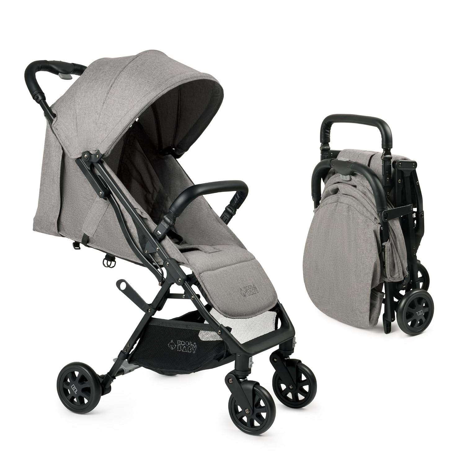 Showcases the stroller's design and foldability, highlighting its convenience for parents. Demonstrates the stroller in both its open and folded states, emphasizing its versatility and space-saving…