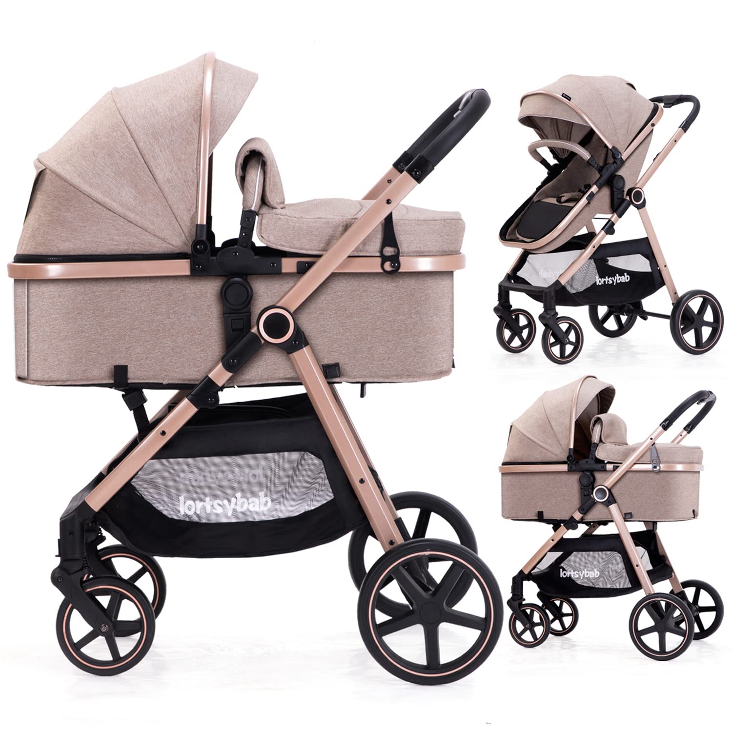 Showcases the stroller's versatility by displaying its different configurations - bassinet and upright seat modes. Demonstrates the stroller's adaptability to different stages of a child's growth,…