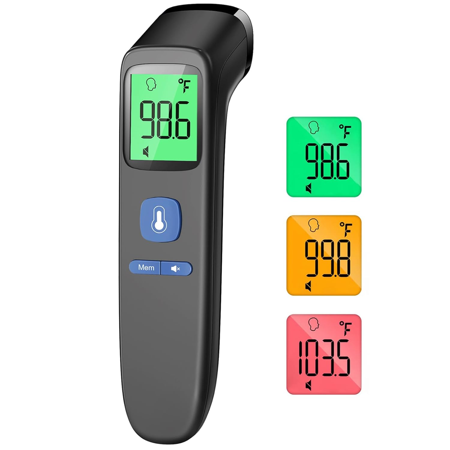 Showcases the product's clear digital display and color-coded temperature readings for easy interpretation. Demonstrates the different color displays for various temperature ranges, highlighting the…