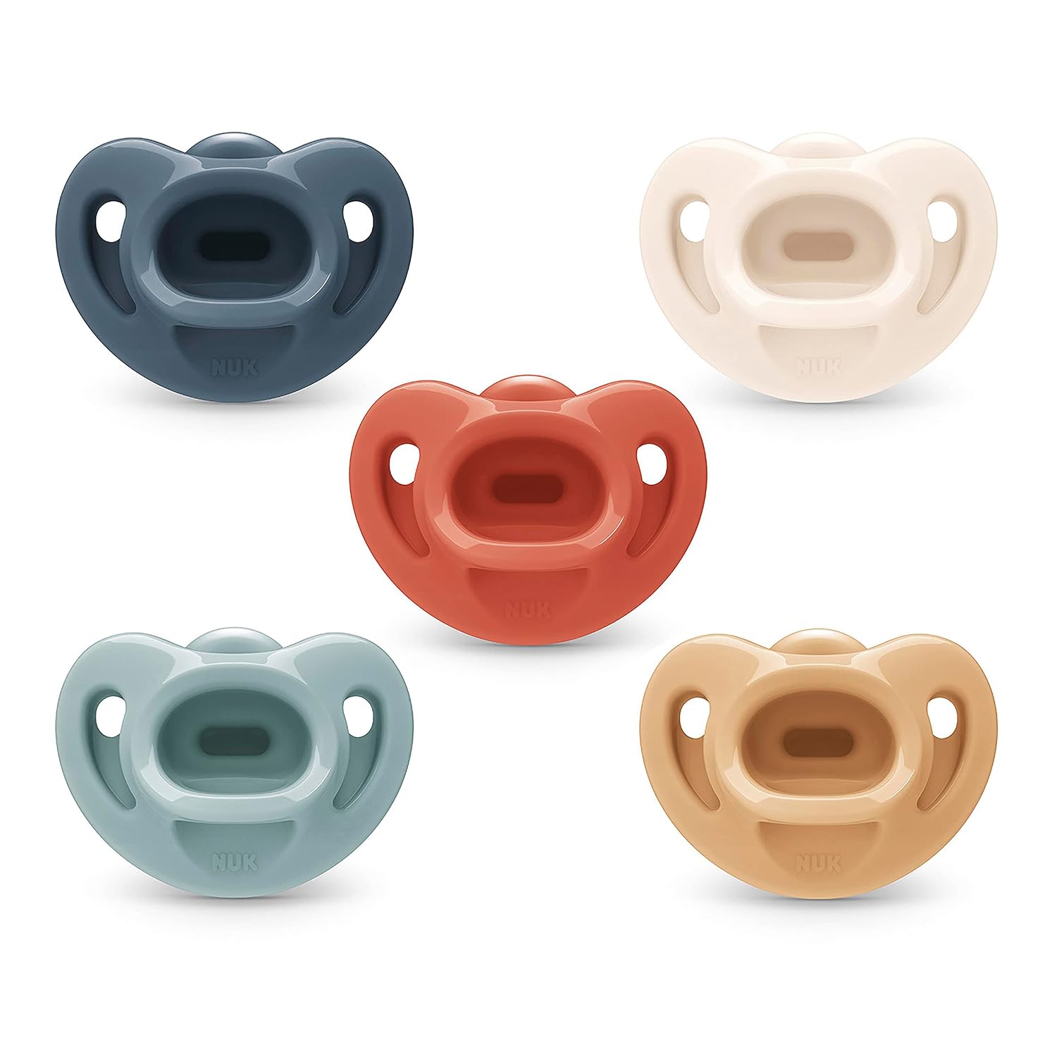 Showcases the product in multiple color options to appeal to different preferences. Displays the range of color choices available for the pacifiers, allowing customers to see all options at once.