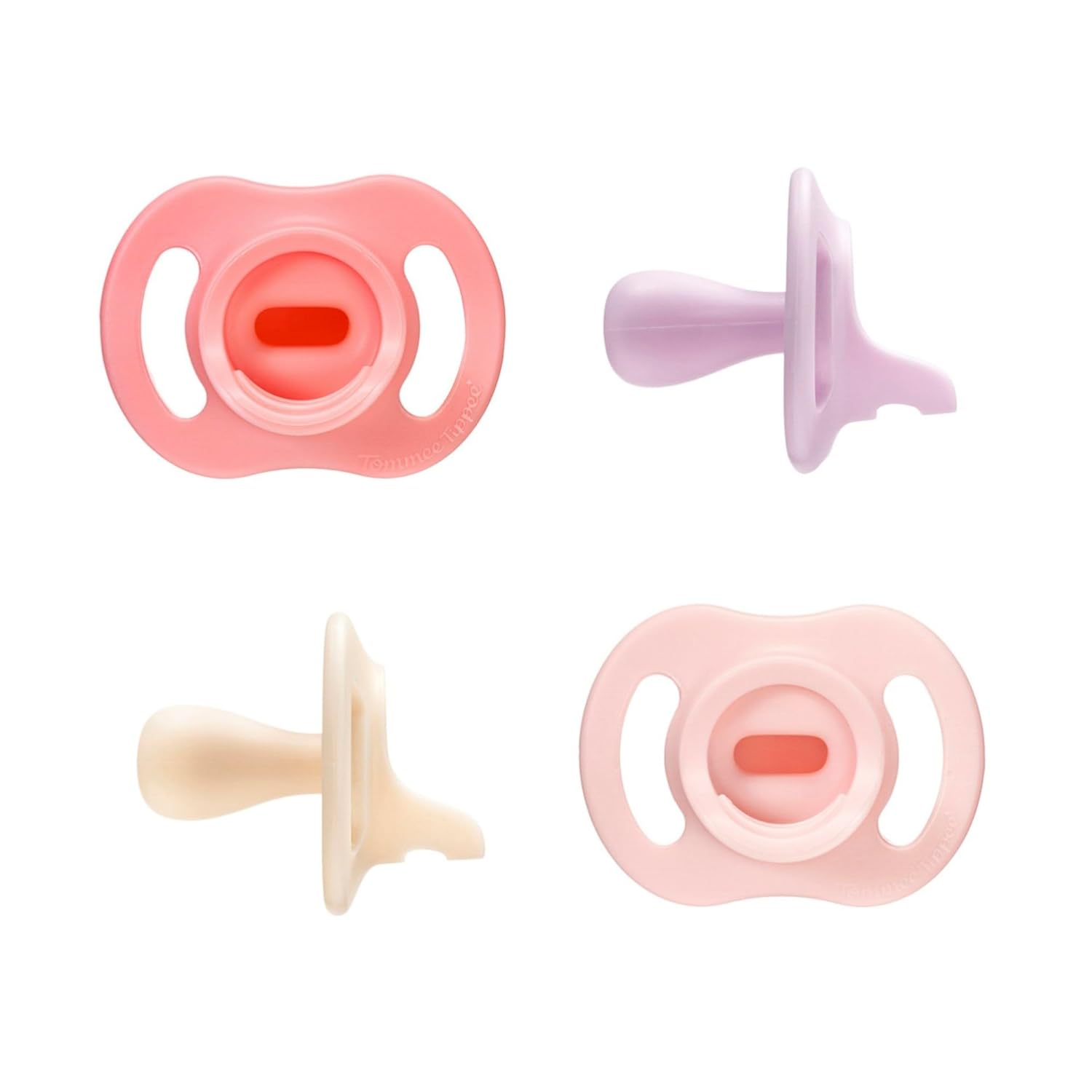 Showcases the variety of pacifier styles and colors available in the product set. Displays different color options for the pacifiers, allowing customers to see the range of choices available.