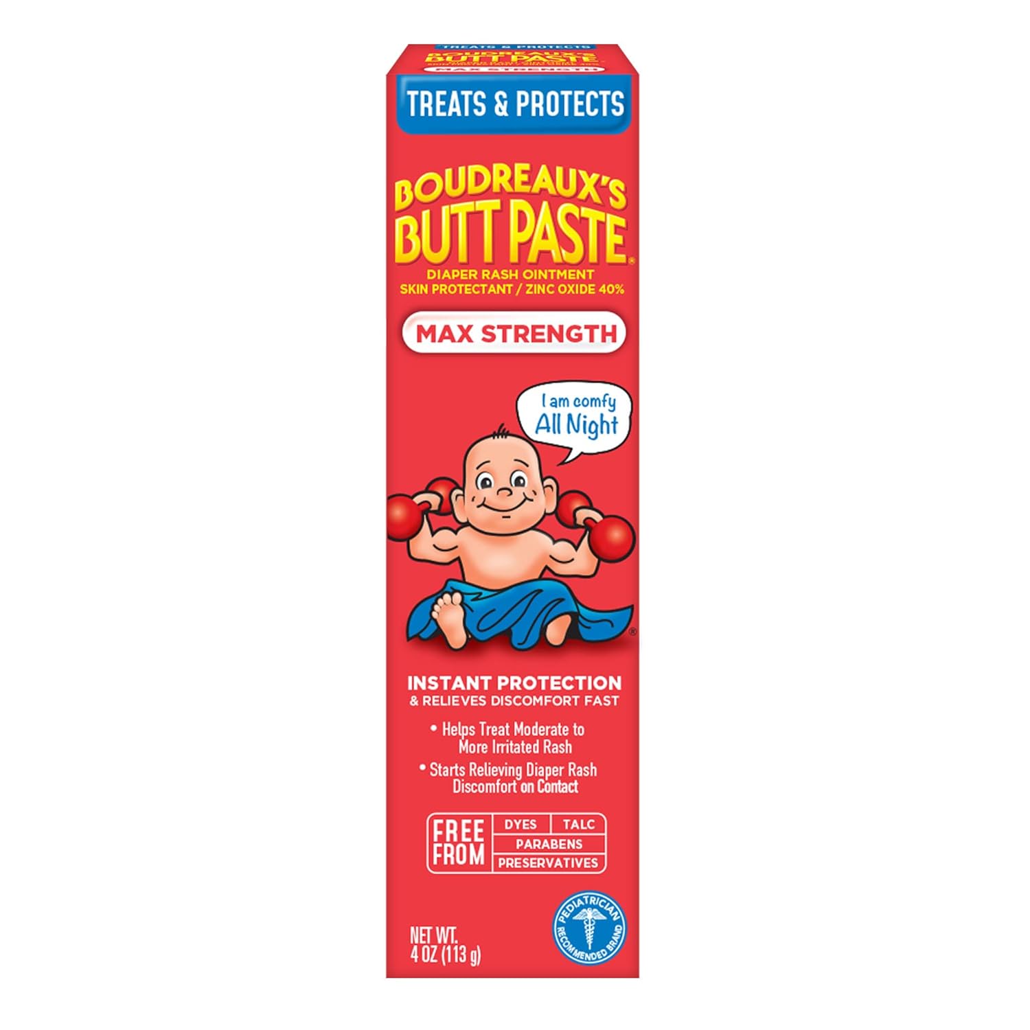 Showcases the product packaging to highlight key benefits and active ingredients, emphasizing its effectiveness for diaper rash treatment.