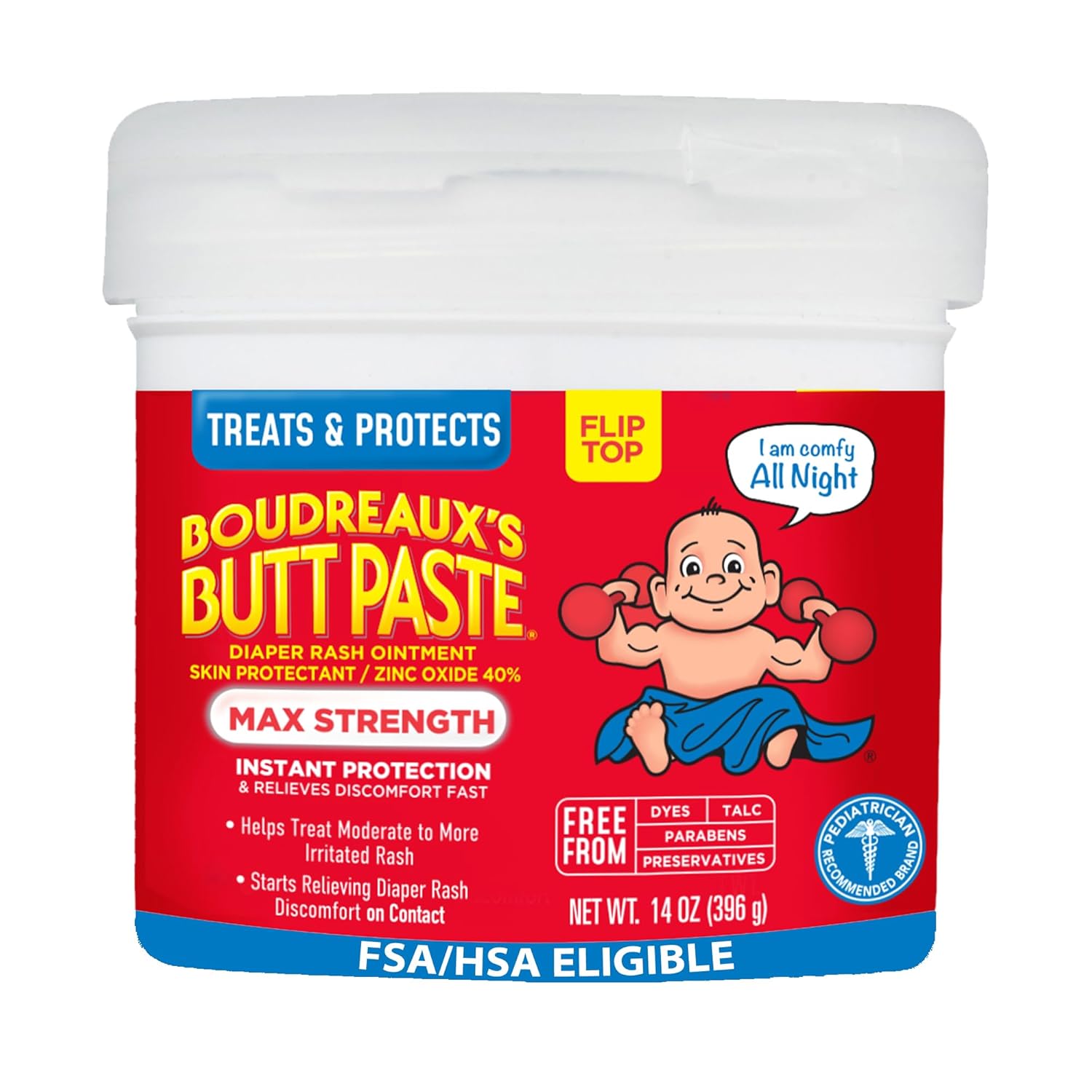 Showcases the product container and branding to clearly identify the item being sold. Uses a cartoon baby image to quickly communicate the product's intended use for infants.