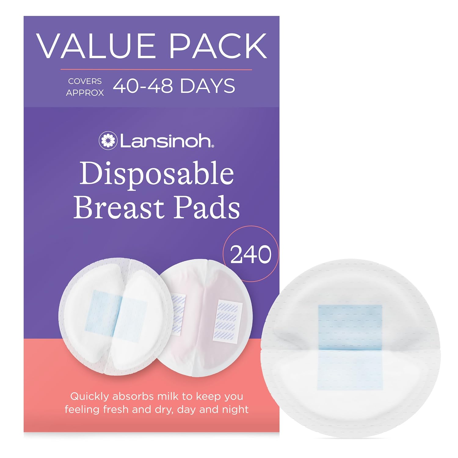 Showcases the product packaging and highlights the large quantity (240 count) of disposable breast pads available in this value pack.