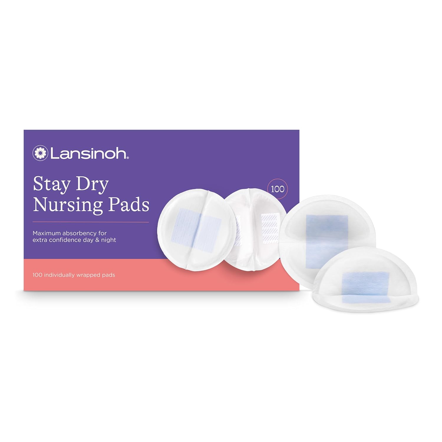 Showcases the product packaging and individual nursing pads to highlight the quantity and absorbency features. Displays the product packaging to communicate brand identity and key product features.