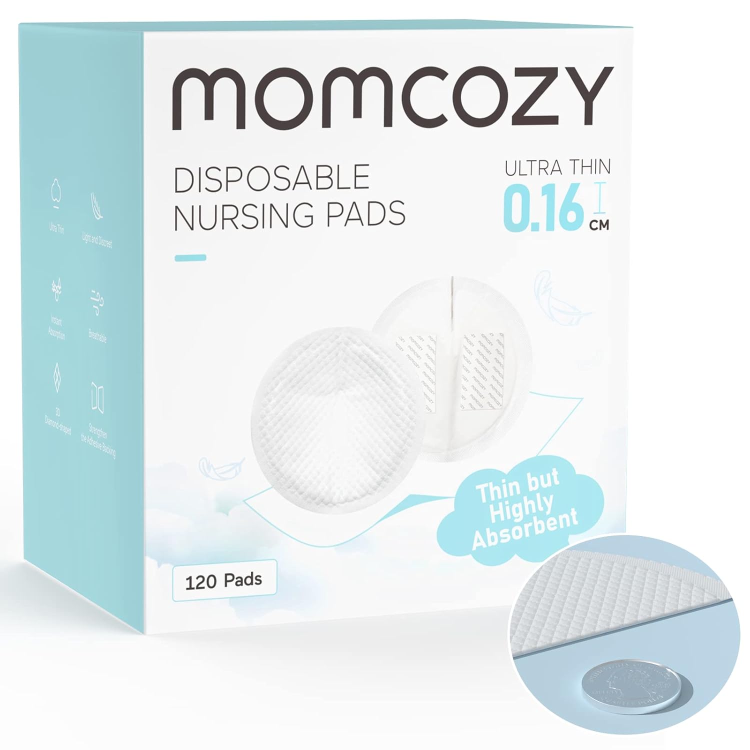 Showcases the product packaging and highlights key features of the nursing pads to appeal to new mothers.