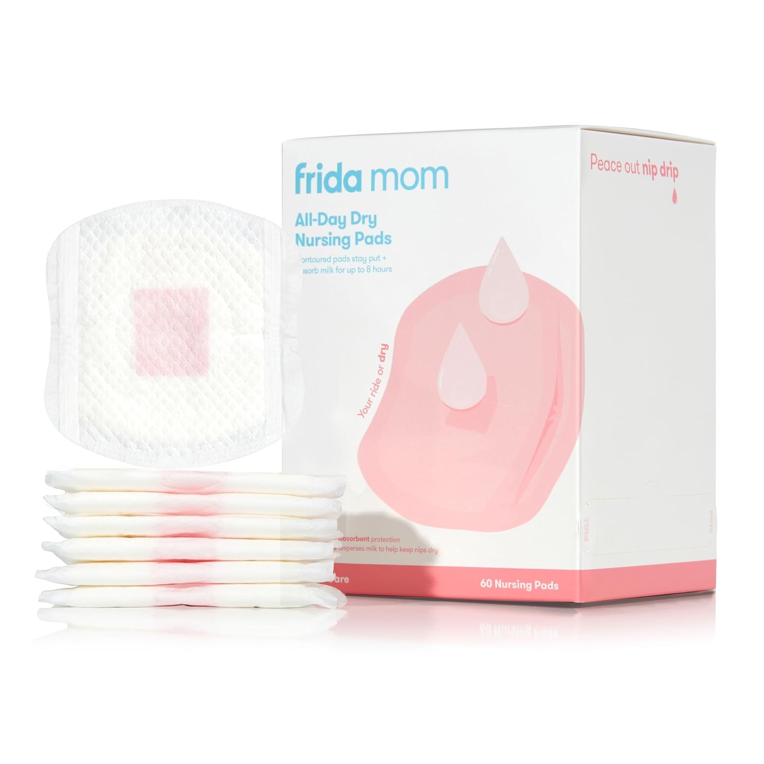 Shows the nursing pads alongside their retail packaging to communicate the product's brand identity and highlight its key features.