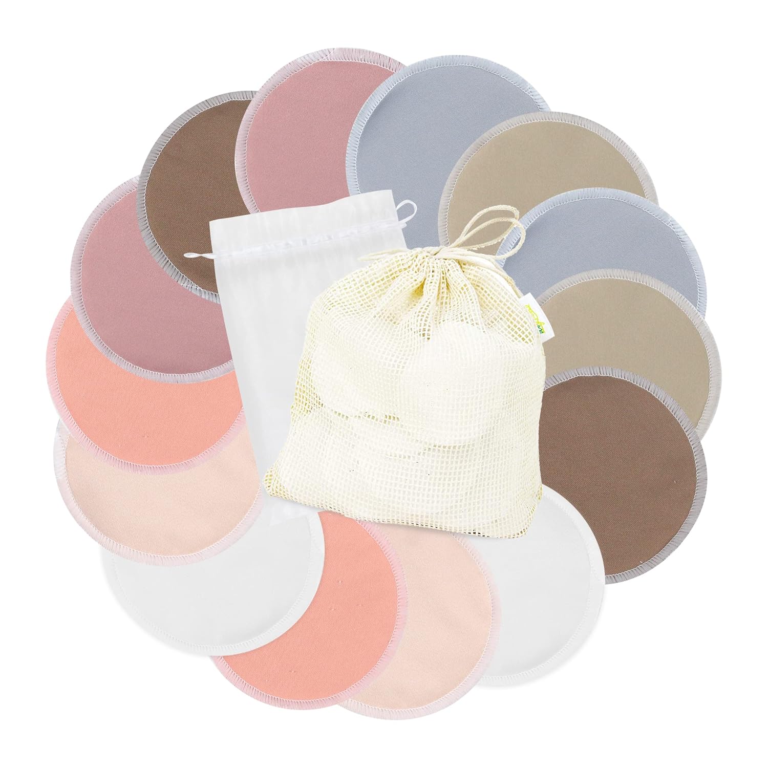 Showcases the variety of colors and quantity of nursing pads included in the set, emphasizing eco-friendly and reusable nature of the product. Highlights the included storage bags for convenient…