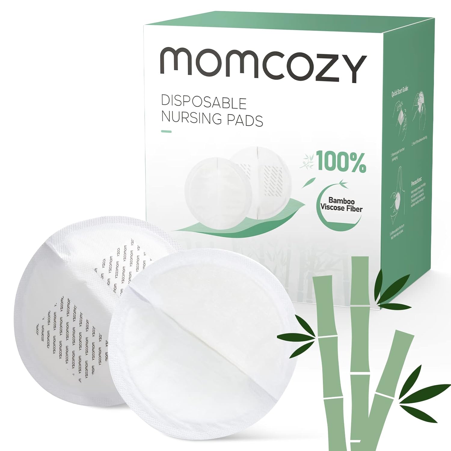 Showcases the product packaging and highlights the use of 100% bamboo viscose fiber as an eco-friendly material for the nursing pads.