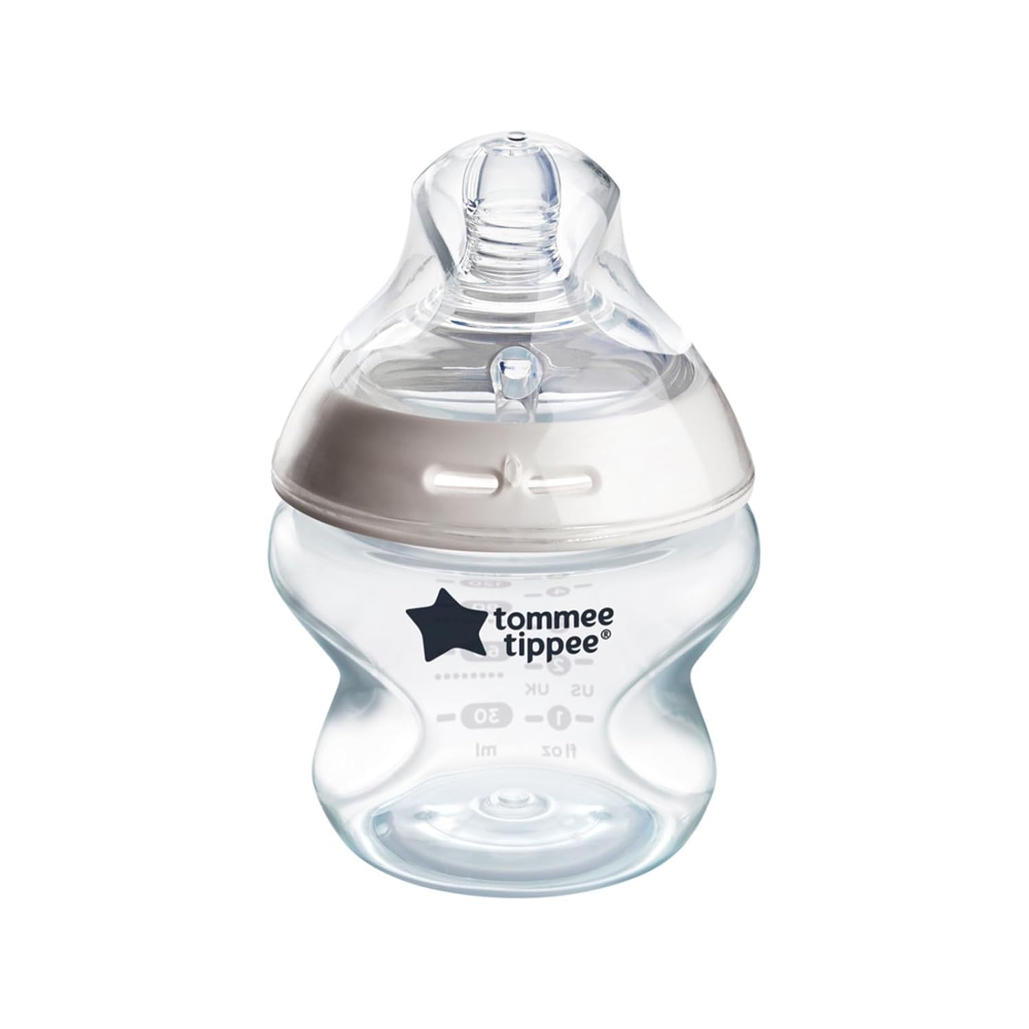 Showcases the clear design and unique shape of the Tommee Tippee baby bottle, highlighting its key features.