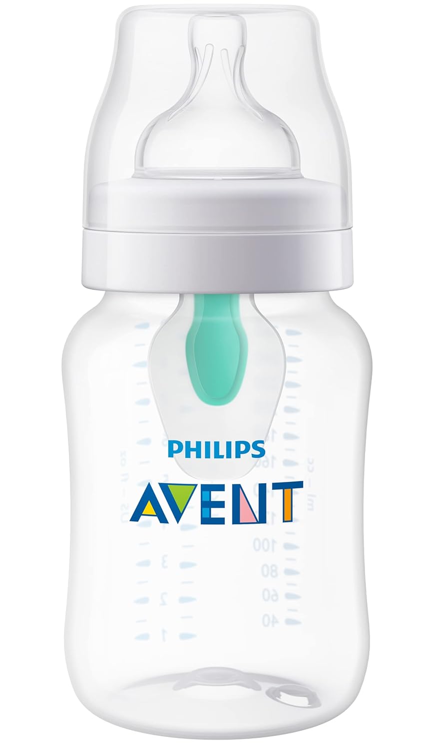 Showcases the clear design of the bottle, highlighting its anti-colic feature with the visible green valve inside.