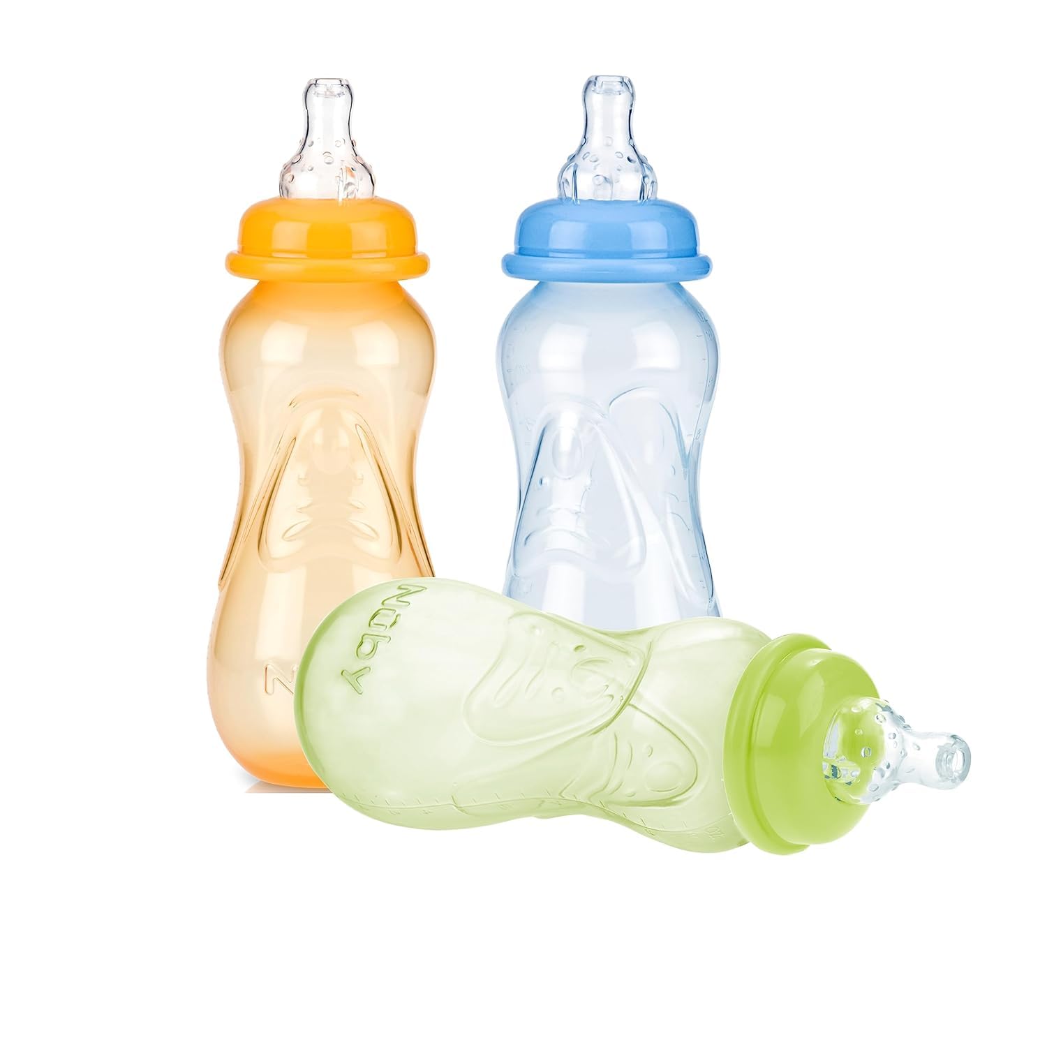 Showcases the product in multiple color options to highlight variety and appeal to different preferences. Displays different color choices available for the baby bottles, allowing customers to see…