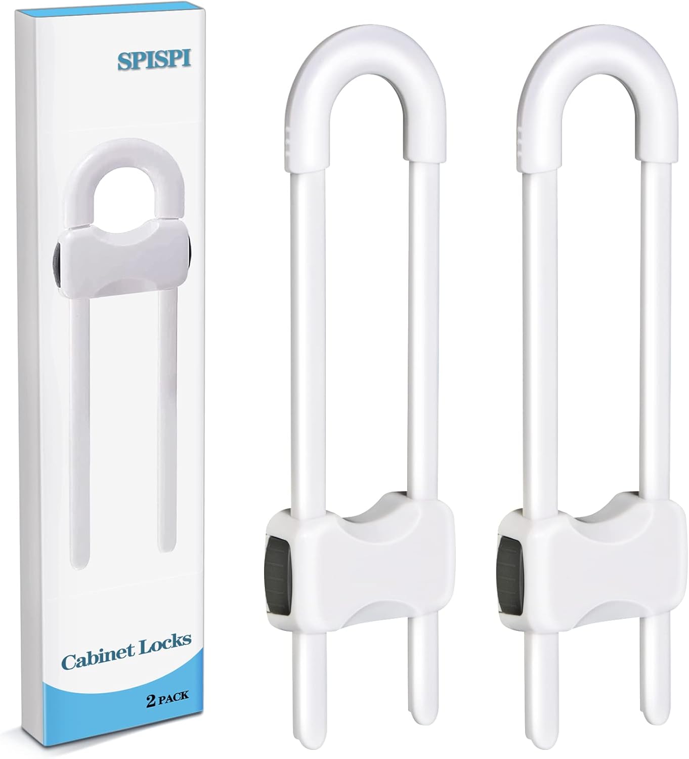 Shows the product clearly against a white background to demonstrate its design and quantity included in the package. Displays the two cabinet locks included in the package to inform customers about…