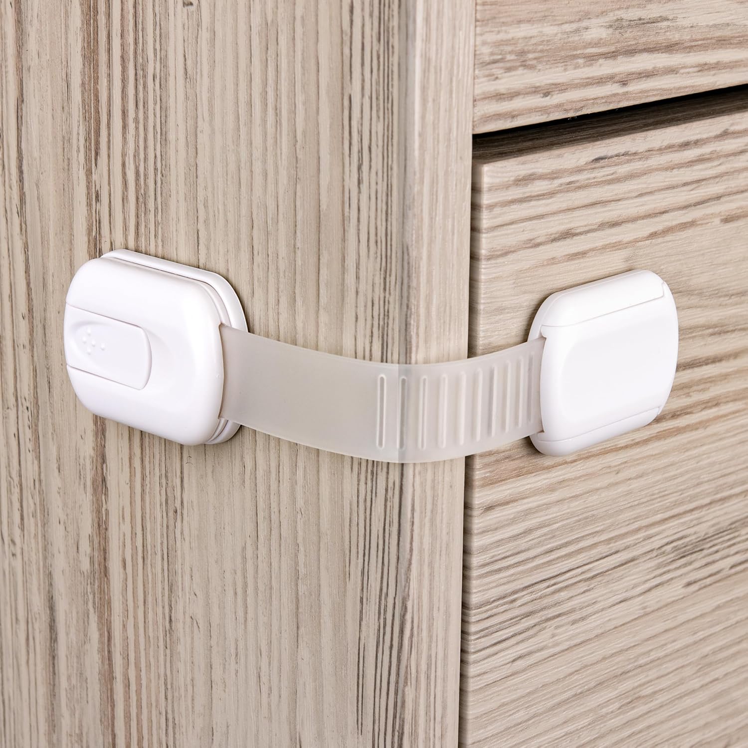 Demonstrates the functionality of a cabinet child safety lock to reassure parents about home safety.
