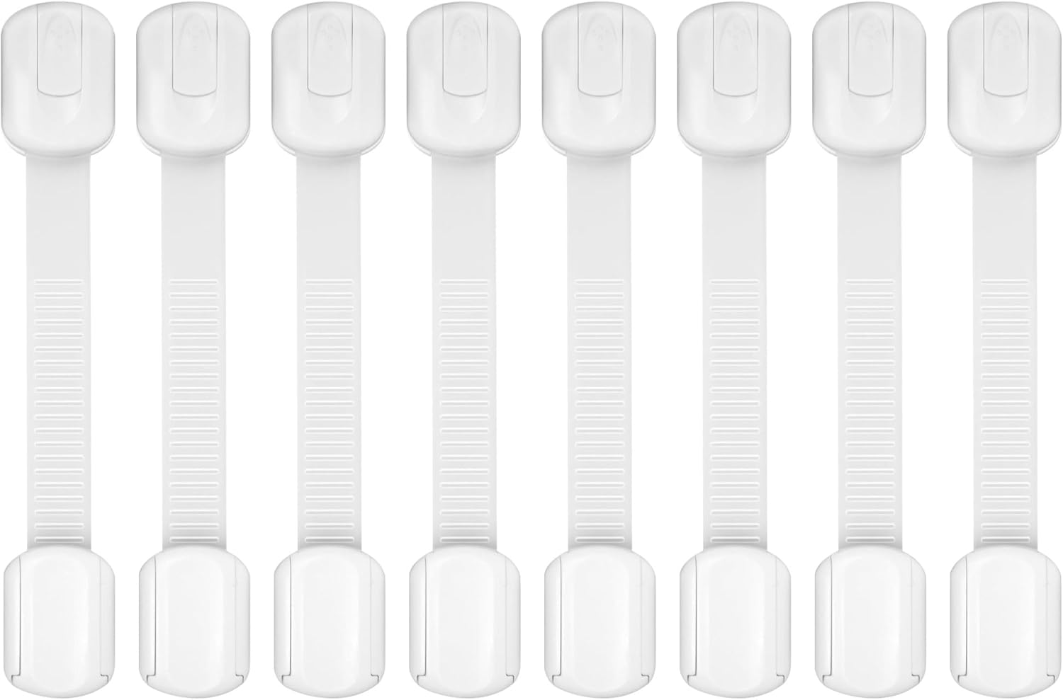 Showcases a set of identical white safety locks to demonstrate the quantity included and their simple design. Displays multiple units of the same product to highlight the number of locks included in…