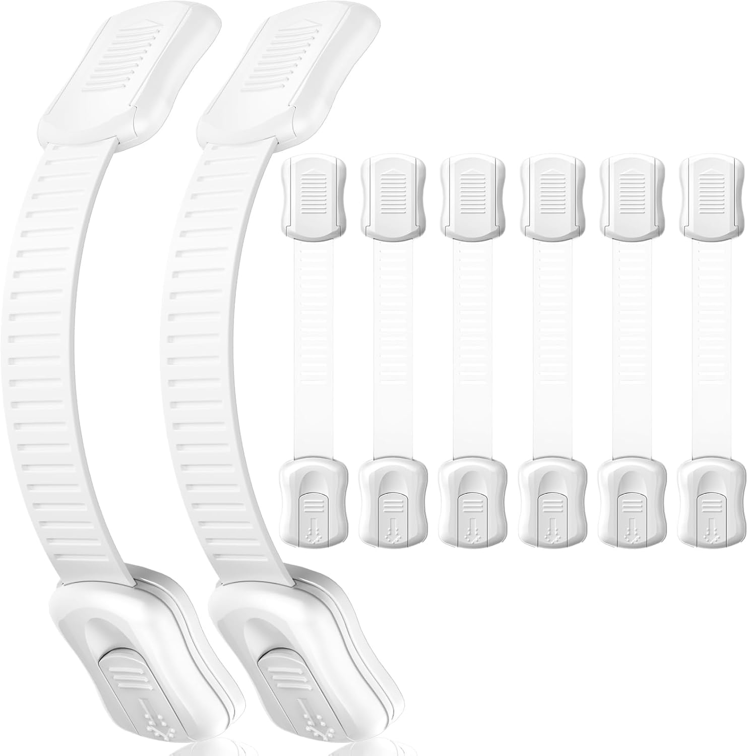 Showcases a set of child safety locks to demonstrate the quantity and design of the product. Displays all the individual components included in the package to show the complete set of safety locks…
