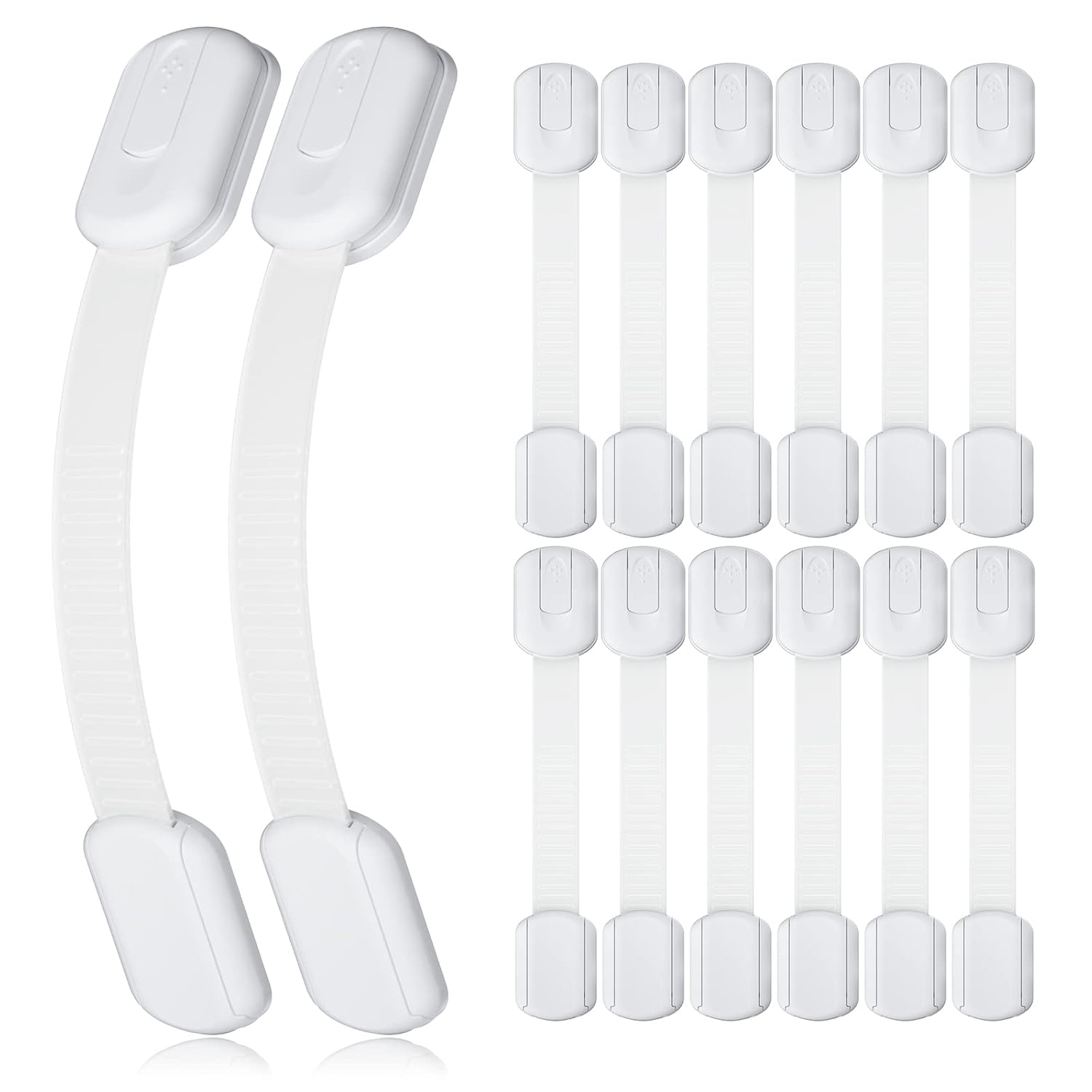 Showcases a set of white child safety locks to demonstrate the product's appearance and quantity included. Displays different sizes of safety locks to show the variety included in the package,…