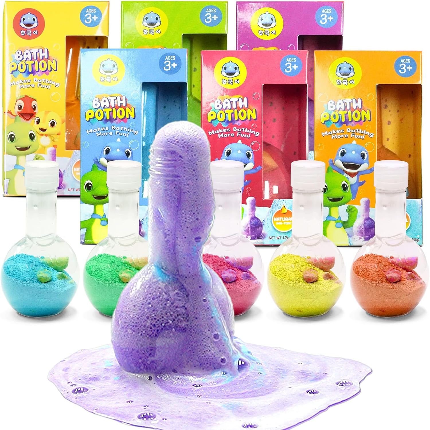 Showcases the range of colorful bath potion products available, emphasizing the fun and variety for children's bath time. Displays the full product line of bath potions in different colors, allowing…