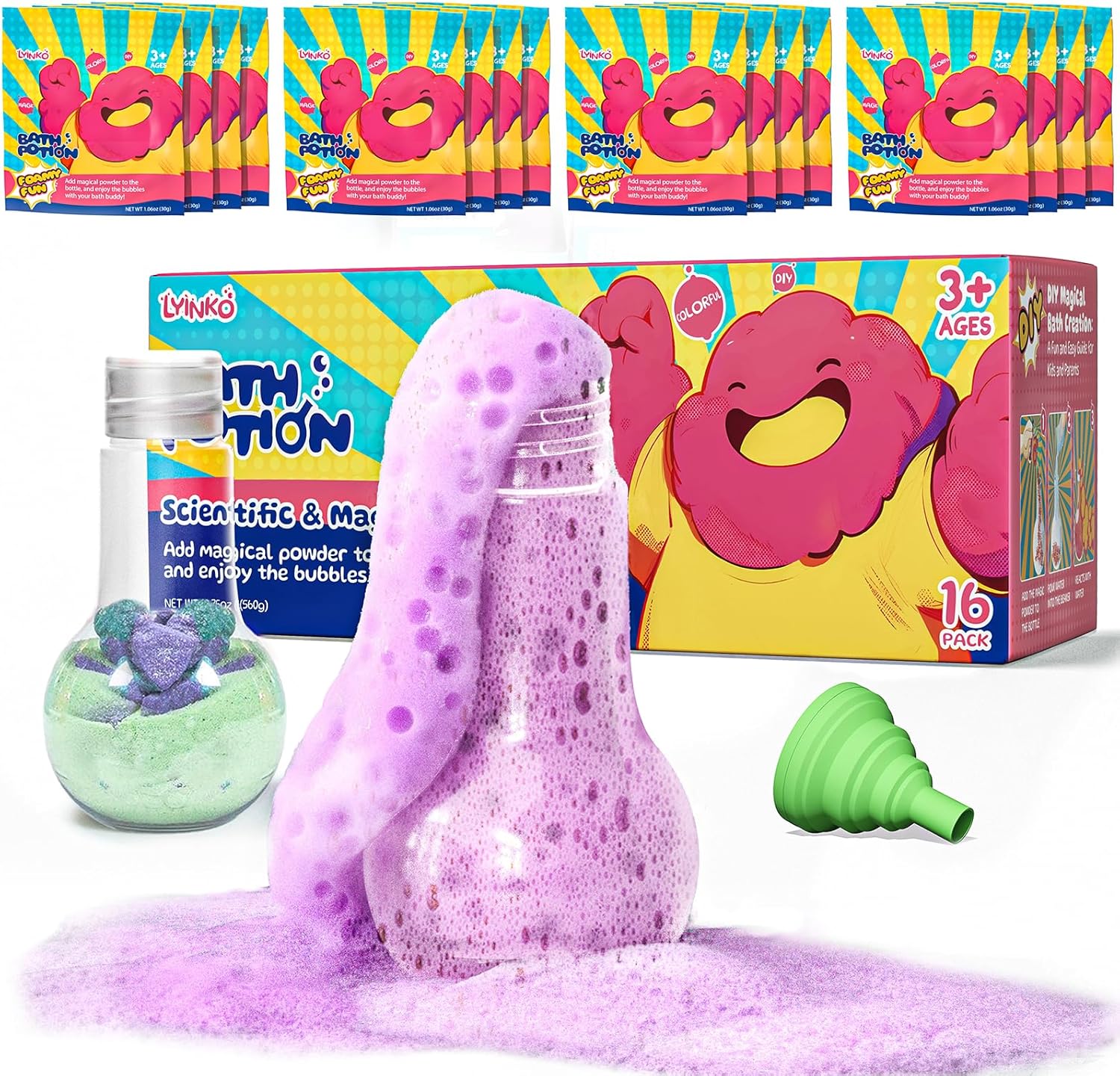 Showcases the complete kit contents and multiple packs available, highlighting the variety and value of the product. Uses bright colors and a fun cartoon character to appeal to children and create…