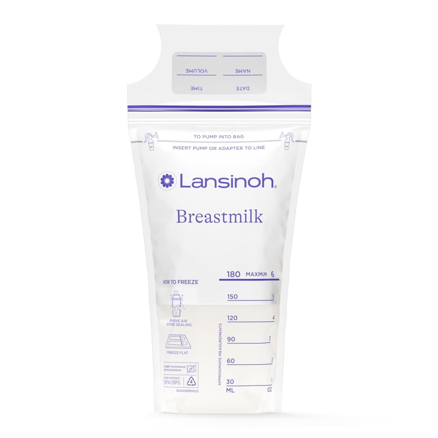 Shows the product clearly, highlighting its capacity and labeling features for storing breastmilk.