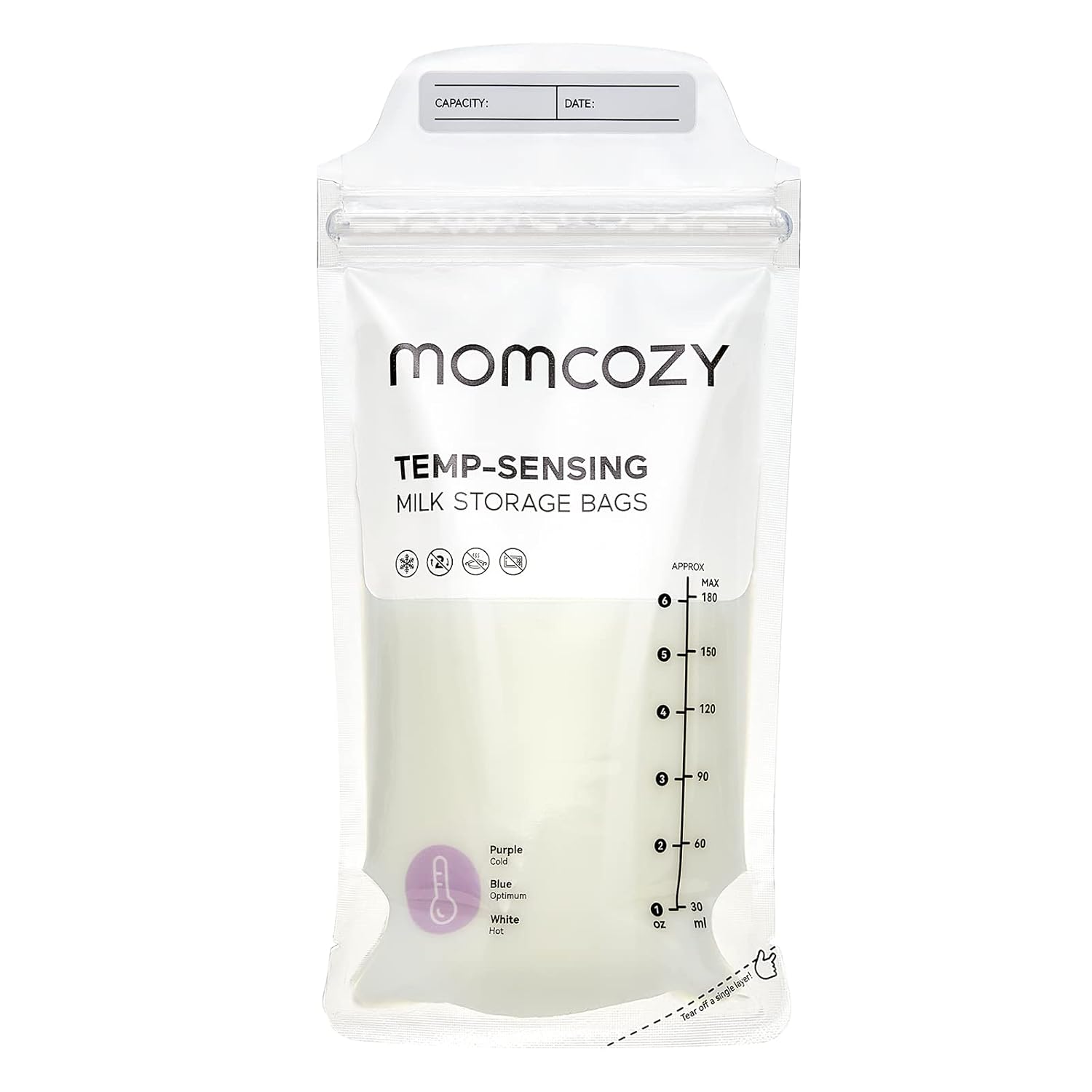 Showcases the product's unique temperature-sensing feature and clear measurement markings for precise milk storage.