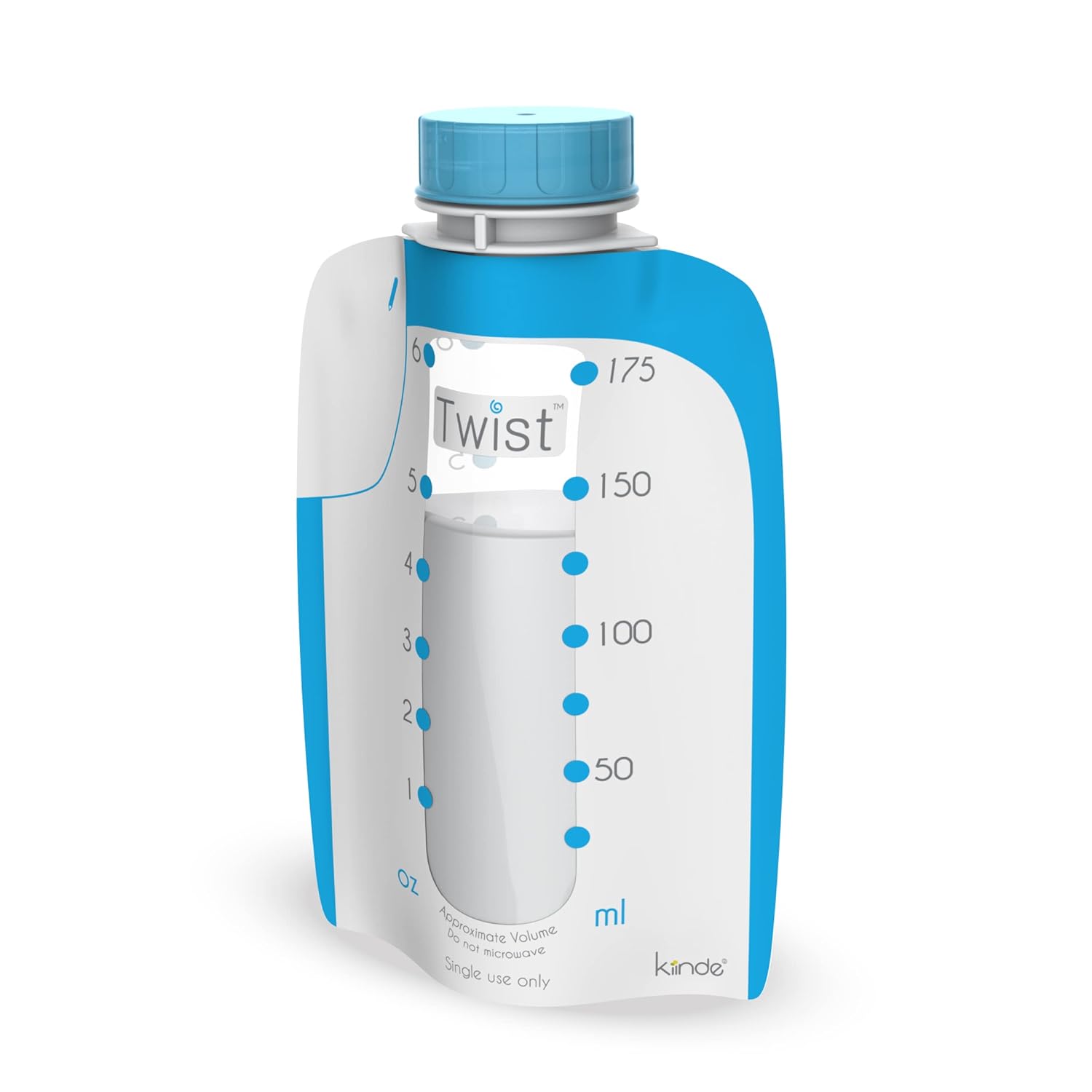 Showcases the product's design and measurement markings to highlight its functionality for storing breast milk.