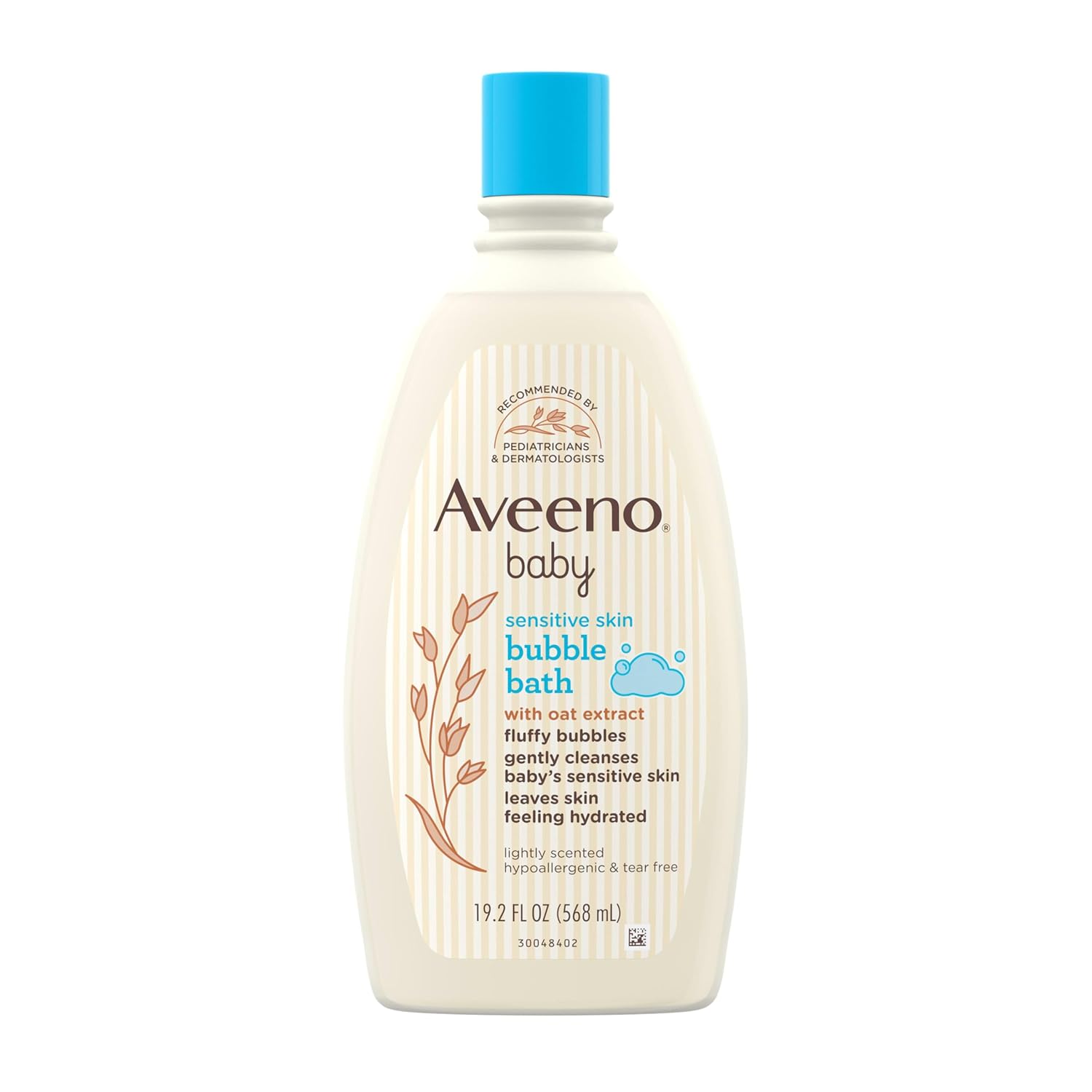 Showcases the Aveeno baby bubble bath product, emphasizing its gentle formula for sensitive skin. Displays the product packaging to highlight brand recognition and key product features.