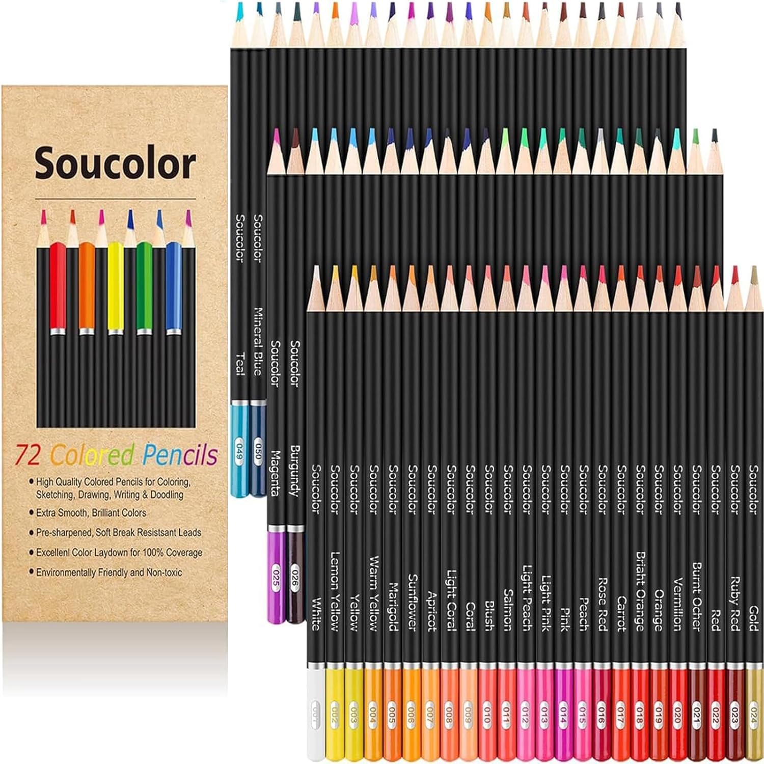 Showcases the wide range of colors available in the pencil set and displays the full product contents. Clearly shows all 72 colored pencils included in the set, allowing customers to see the exact…