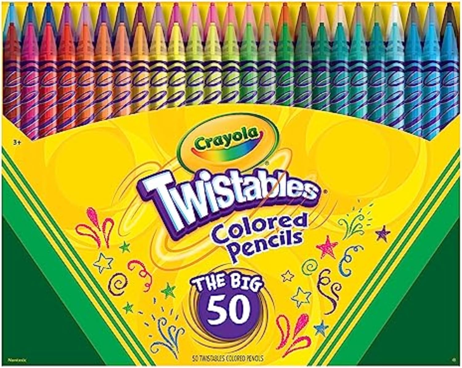 Showcases the wide range of colors and the large quantity of pencils included in the set. Displays the product's branded packaging and key information like product name, brand, and quantity.