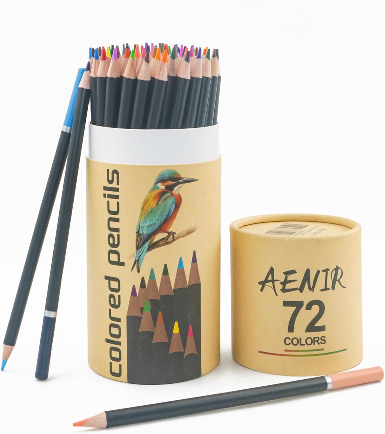 Showcases the wide range of colors available in the pencil set and the eco-friendly packaging. Highlights the environmentally conscious packaging and provides key product details like color count.