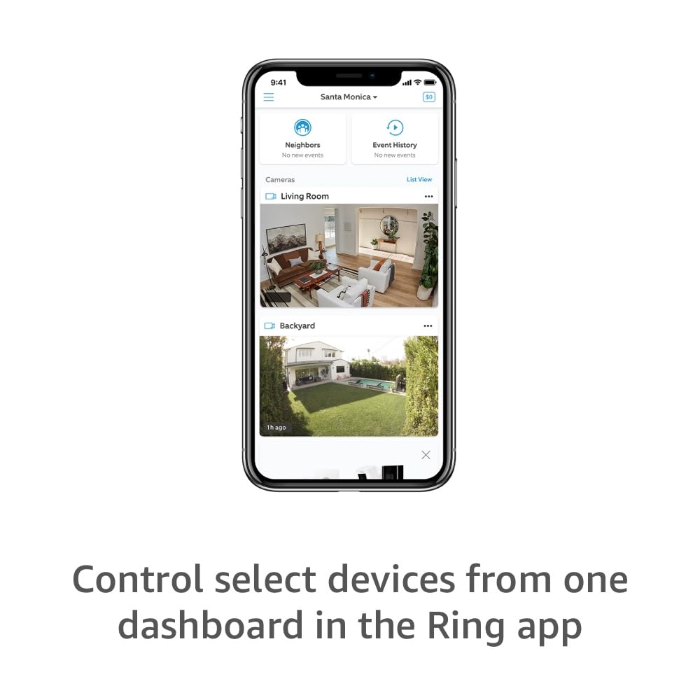 Showcases the Ring app interface to demonstrate the product's functionality and ease of use for monitoring multiple cameras.