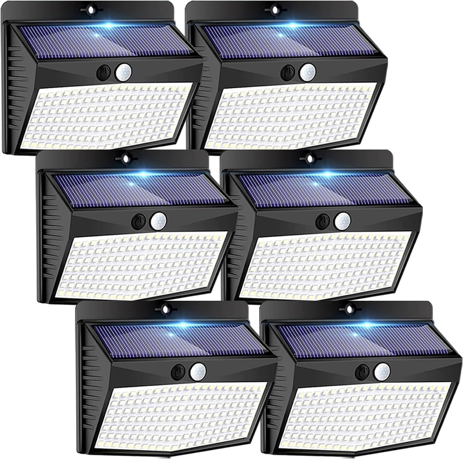 Showcases the product's design and key features, highlighting the solar panel and bright LED array. Demonstrates that the product comes in a set of multiple units, emphasizing value and coverage area.