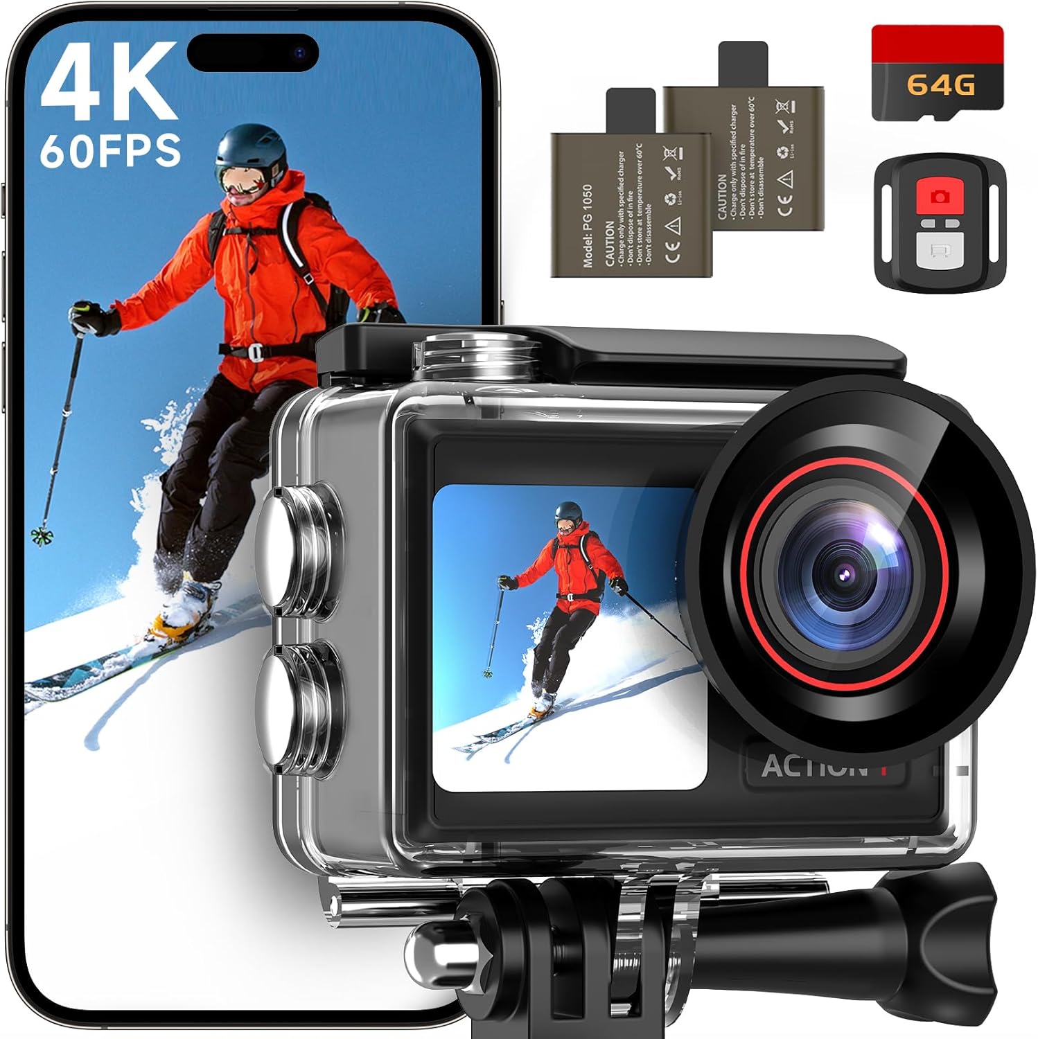 Showcases the action camera along with included accessories to highlight the complete package offered to potential buyers. Displays all components included in the purchase to give customers a clear…