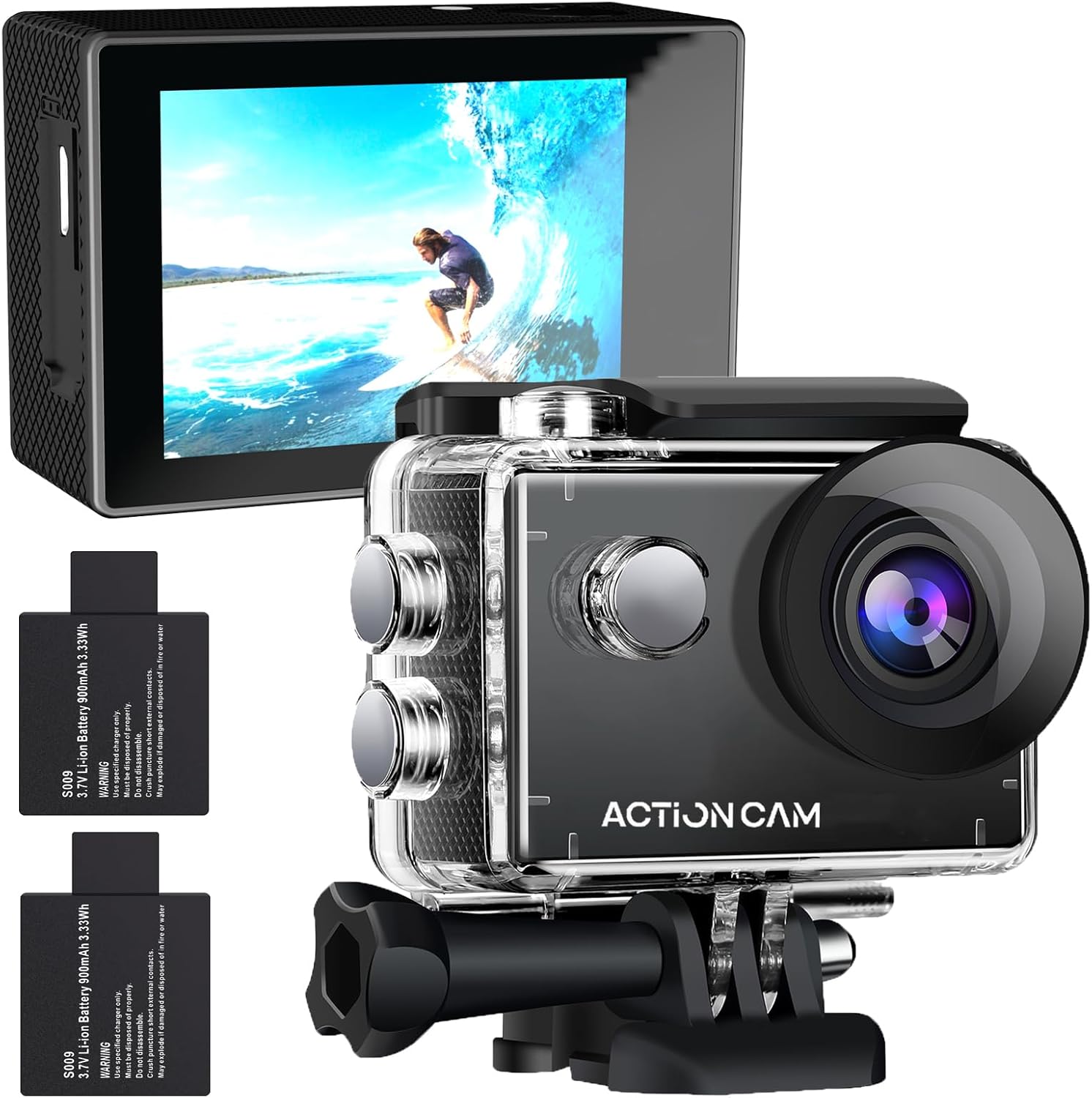 Showcases the main product (action camera) along with included accessories to demonstrate the complete package offered. Highlights all the components included in the purchase, giving customers a…