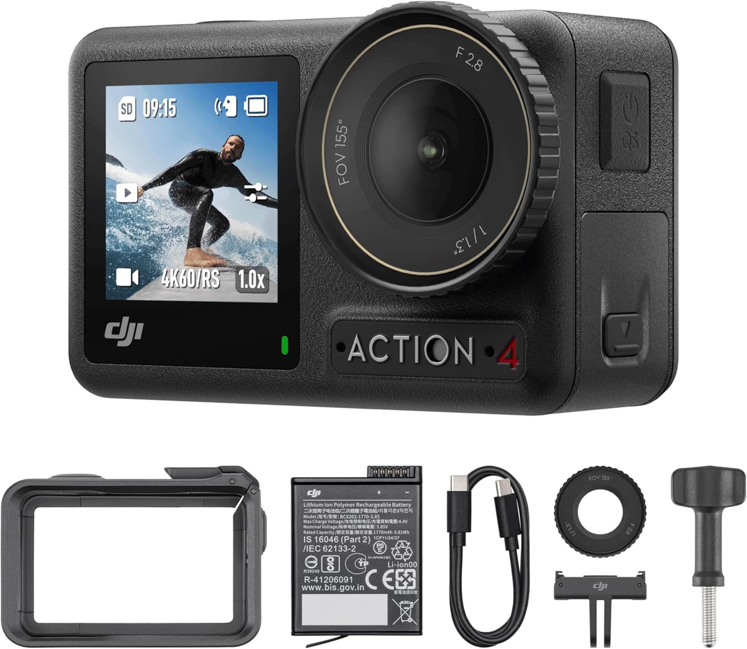 Showcases the DJI Action 4 camera and its included accessories to give shoppers a clear view of what's included in the package.