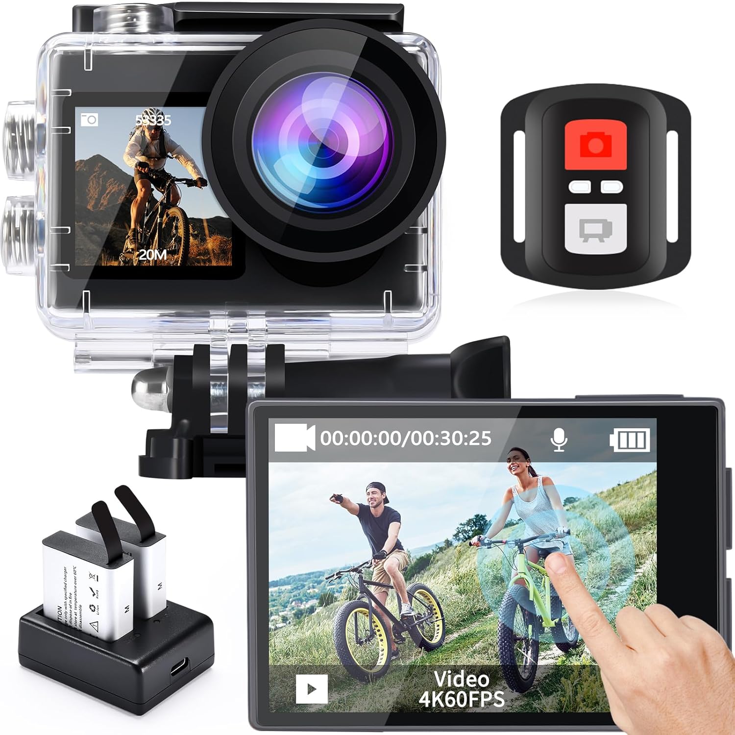 Showcases the main product (action camera) along with included accessories to demonstrate the complete package offered. Highlights the key components and features of the action camera set,…