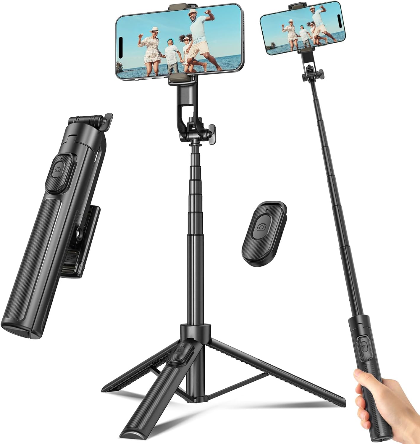 Showcases the product's versatility as both a selfie stick and tripod for smartphones. Highlights the included remote control and demonstrates the product's adjustable length for different use cases.